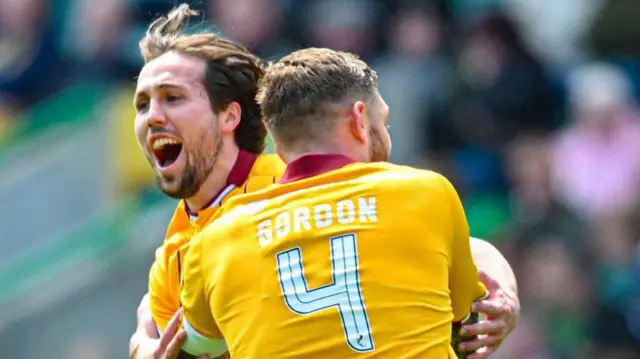 Motherwell's Lukas Fadinger celebrates with Liam Gordon