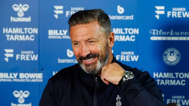 Derek McInnes during a Kilmarnock press conference ahead of their UEFA Europa League qualifier on Thursday night at Rugby Park, on July 24, 2024, in Kilmarnock, Scotland.  (Photo by Mark Scates / SNS Group)