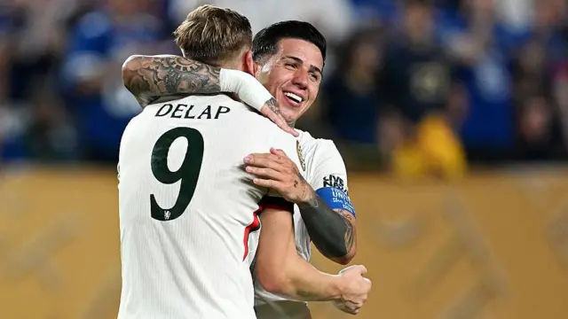 Liam Delap and Enzo Fernandez celebrate a Chelsea goal