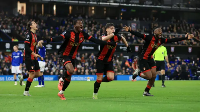 Dango Ouattara of AFC Bournemouth celebrate with teammates after scoring his team's second goal during the Premier League match between Ipswich Town FC and AFC Bournemouth at Portman Road 