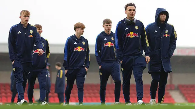 Players of Leeds United U21sinspect the pitch prior to a Vertu Trophy group stage match