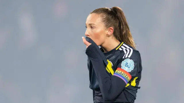 Scotland's Caroline Weir looks dejected at full time during a UEFA Women's Euro 2025 Playoff second leg match between Finland and Scotland at the Bolt Arena