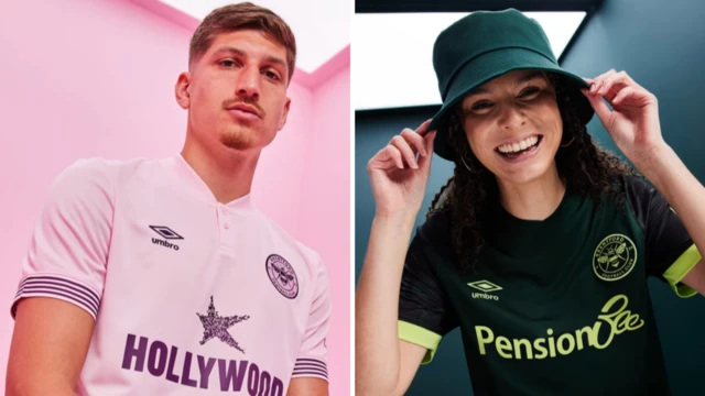 Brentford's pink away kit and dark green third kit for the 2024-25 season