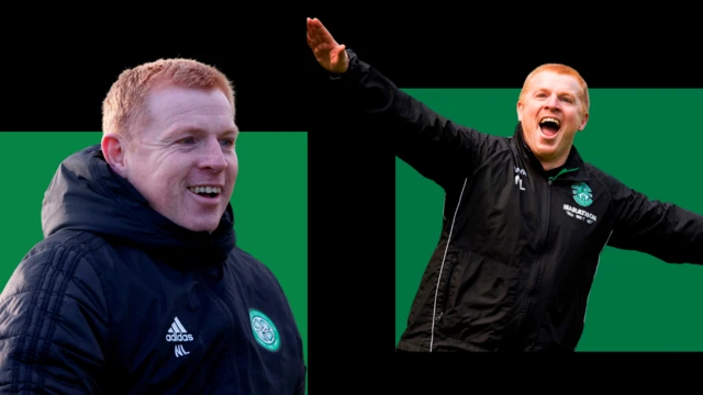 Neil Lennon during his time as Celtic boss (left) and during his time as Hibernian head coach (right)