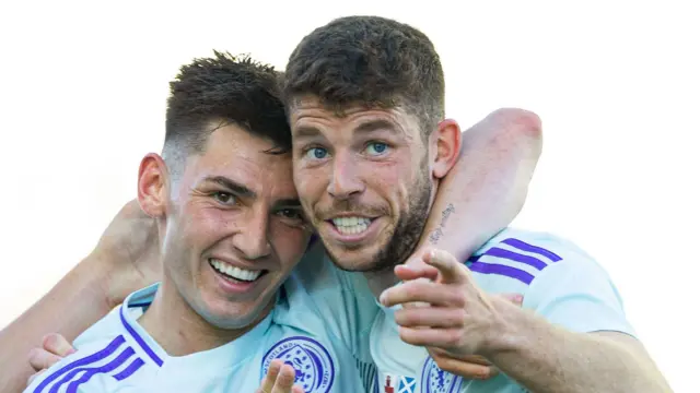 Scotland's Ryan Christie celebrates with Billy Gilmour after scoring to make it 1-0 during an International Friendly match between Gibraltar and Scotland at Estadio Algarve,