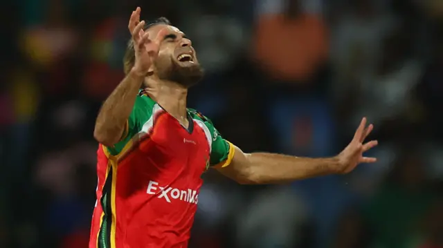 Imran Tahir reacts to the aftermath of a delivery after bowling for Guyana Amazon Warriors