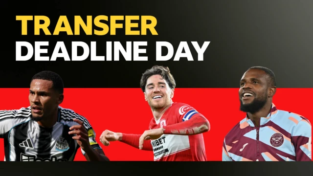 An image featuring Newcastle's Jamaal Lascelles, Middlesbrough's Hayden Hackney and Brentford's Frank Onyeka spread across a red banner with the words 'Transfer Deadline Day' above them on a black background