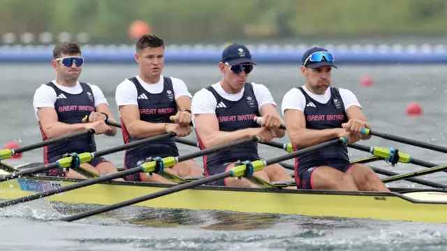 (From L) Britain's Tom Barras, Callum Dixon, Matthew Haywood and Graeme Thomas compete in the men's quadruple sculls heats