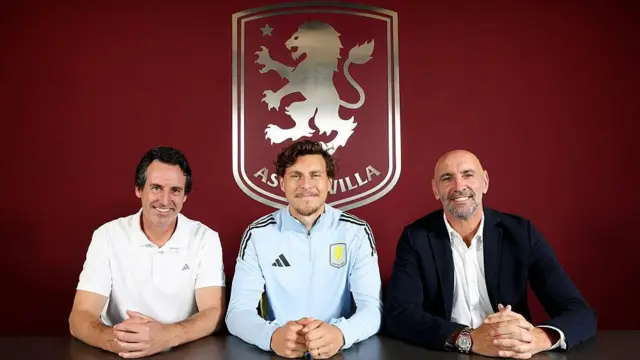 New Aston Villa signing Victor Lindelof with head coach Unai Emery and president of football operations Monchi