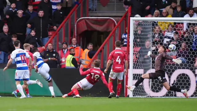 Richard Kone scores QPR's first goal against Bristol City