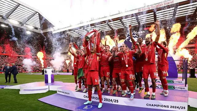Virgil van Dijk lifts the Premier League trophy