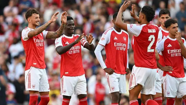 Ben White, Bukayo Saka and William Saliba of Arsenal during the Emirates Cup match between Arsenal and Athletic Club during the pre-season friendly match between Arsenal and Athletic Club at Emirates Stadium