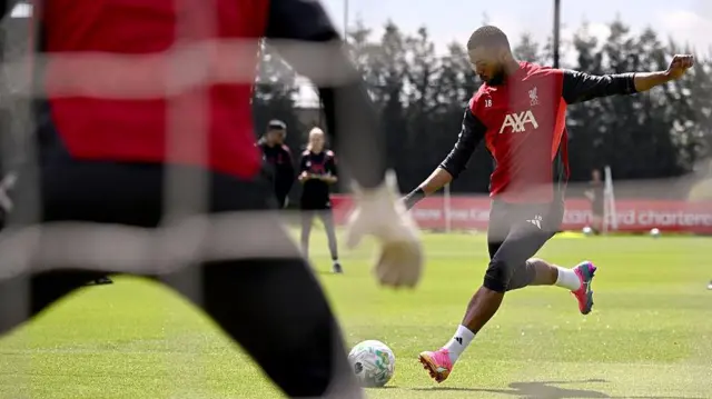 Cody Gakpo taking a shot during a Liverpool training session on 23 May 2026