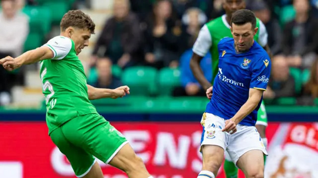 Hibs' Rudi Molotnikov (L) and St Johnstone's Jason Holt in action during a William Hill Premiership match between Hibernian and St Johnstone at Easter Road,