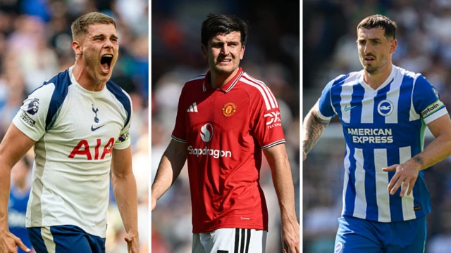 A split graphic of Micky van de Ven, Harry Maguire and Lewis Dunk
