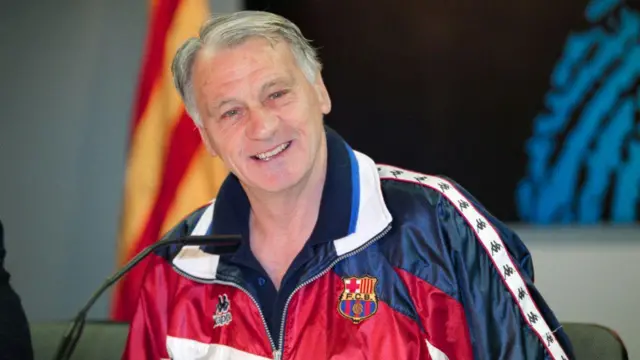 Sir Bobby Robson smiles at a press conference as Barcelona manager at the Nou Camp in 1996