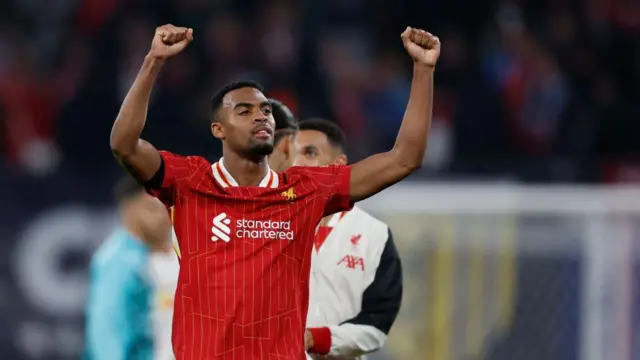 Ryan Gravenberch of Liverpool celebrates the victory during the UEFA Champions League match between RB Leipzig v Liverpool at the Red Bull Arena on October 23, 2024