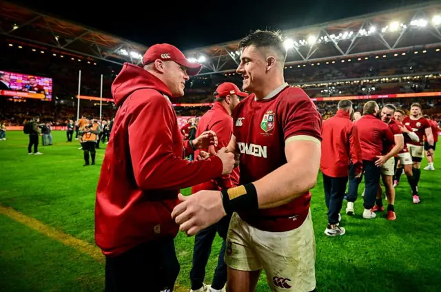 Garry Ringrose, left, and Dan Sheehan of British & Irish Lions celebrate after the first test match.