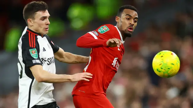 Liverpool and Fulham players challenge for the ball