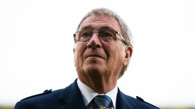 Outgoing St Johnstone Owner and former Chairman Geoff Brown says goodbye to the home support during a William Hill Premiership match between St Johnstone and Aberdeen at McDiarmid Park, on August 05, 2024, in Perth, Scotland. (Photo by Ewan Bootman / SNS Group)