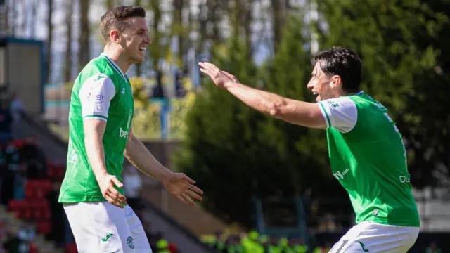 Paul Hanlon (left) celebrates with Joe (right) after scoring at McDiarmid Park last month