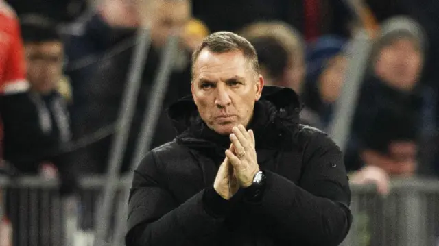 Celtic Manager Brendan Rodgers during the UEFA Champions League 2024/25 League Knockout Play-off second leg match between FC Bayern Munich and Celtic at the Allianz Arena