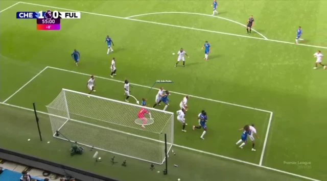 A screengrab showing how Joao Pedro found separation from the Fulham defence to apply pressure to the keeper before dropping back to head the ball goalward. 