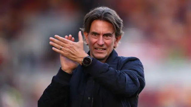 Thomas Frank, Manager of Brentford, applauds the fans at full-time following the team's draw in the Premier League match between Brentford FC and West Ham United FC at Brentford Community Stadium