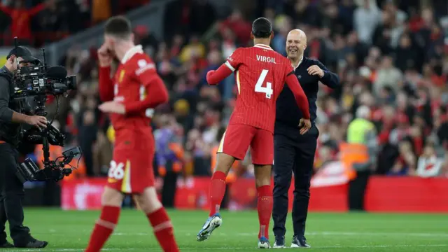 Virgil van Dijk and Arne Slot celebrate after winning for Liverpool