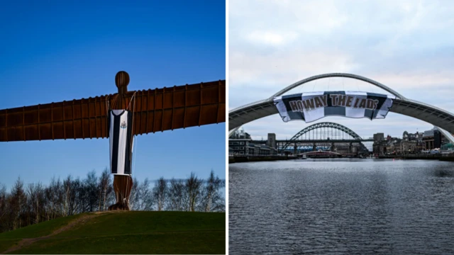 Angel of the North in a Newcastle top and Millennium Bridge with 'howay the lads' flag 