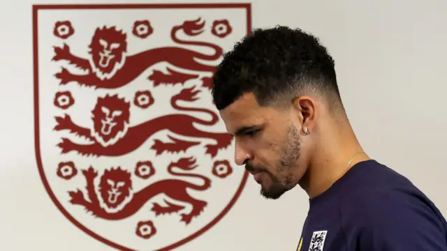 Dominic Solanke faces the media during England training camp