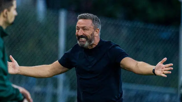 Kilmarnock Manager Derek McInnes celebrates at full time during a UEFA Conference League qualifying match between Tromso and Kilmarnock at the Romssa Arena, on August 15, 2024, in Tromso, Norway. (Photo by Craig Foy / SNS Group)