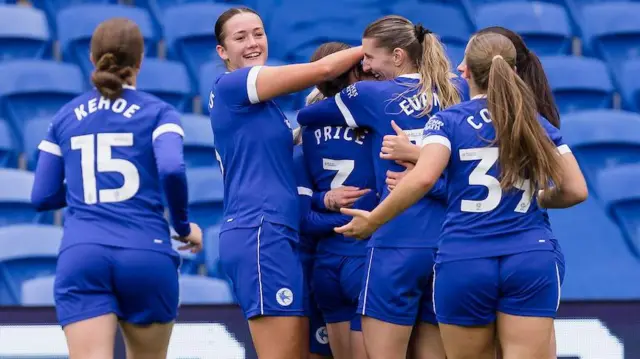 Cardiff City Women players celebrate Laura Curnock's goal against TNS