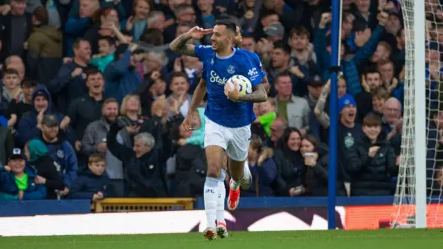 Dwight McNeil #7 of Everton F.C. celebrates his goal during the Premier League match between Everton and Crystal Palace at Goodison Park