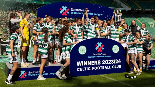 Celtic lift the SWPL trophy during the Scottish Power Women's Premier League trophy day