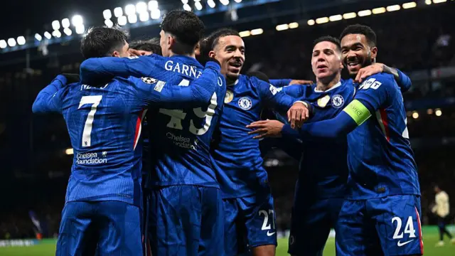 Pedro Neto and Alejandro Garnacho celebrate with teammates after Jules Kounde's own goal
