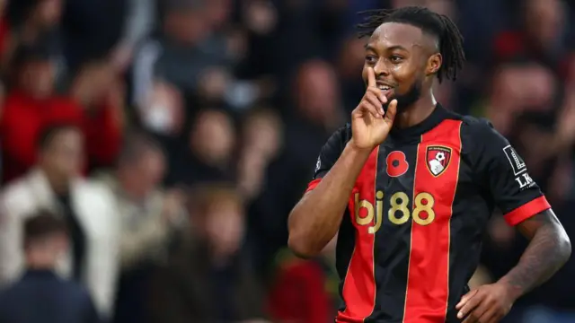 Antoine Semenyo of Bournemouth celebrates scoring the opening goal during the Premier League match between AFC Bournemouth and Manchester City FC at Vitality Stadium 