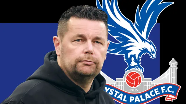 A graphic of Pierre Sage in front of a blue and black background and the Crystal Palace club badge