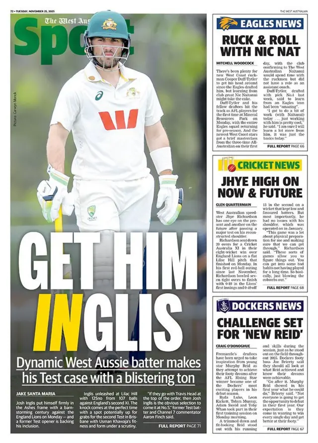 The West Australian back page, featuring an article on Josh Inglis