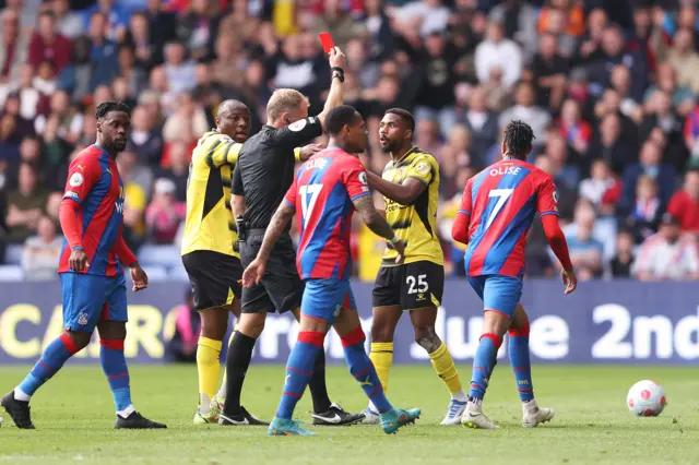 Hassane Kamara is sent off for Watford