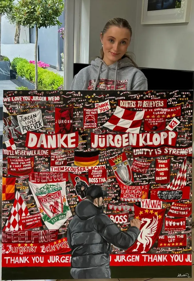 Artist Abigail Rudkin's artwork of Jurgen Klopp in front of the Kop