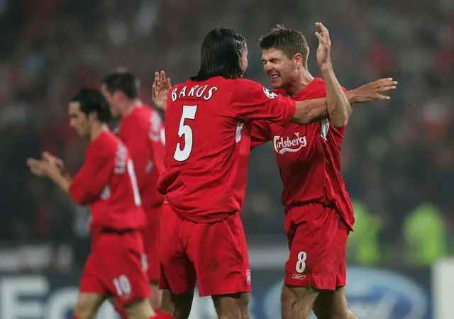 Liverpool captain Steven Gerrard and striker Milan Baros celebrate after a goal