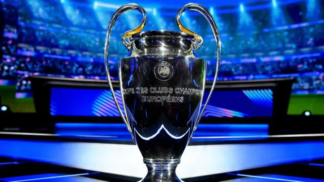 A detailed view of the Champions League trophy during the draw for the league phase on Thursday