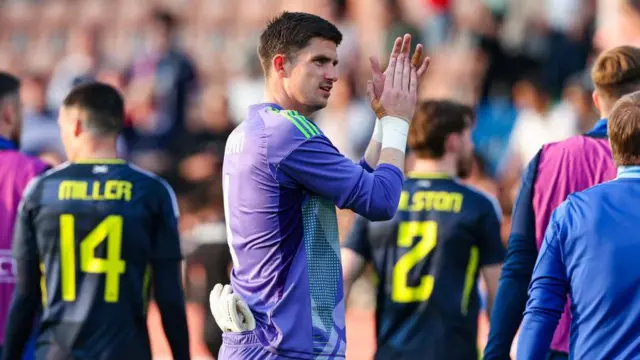Scotland's Ross Doohan applauds fans at full time during an International Friendly match between Liechtenstein and Scotland at Rheinpark Stadion