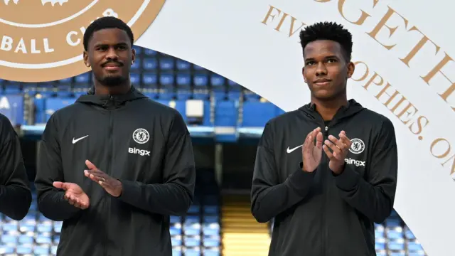 Jorrel Hato and Estevao Willian being unveiled as new signings to a small audience at a pre-season event at Stamford Bridge