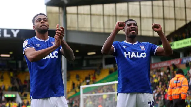 Darnell Furlong and Ben Johnson of Ipswich Town celebrates after the teams victory following the Sky Bet Championship match between Norwich City and Ipswich Town