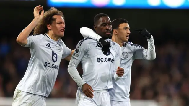 Wout Faes and Bilal El Khannouss of Leicester City celebrate the assist for the equalising goal by Boubakary Soumare (centre) during the Premier League match between Ipswich Town FC and Leicester City FC at Portman Road