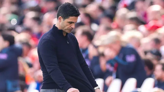 Mikel Arteta, manager of Arsenal, reacts.