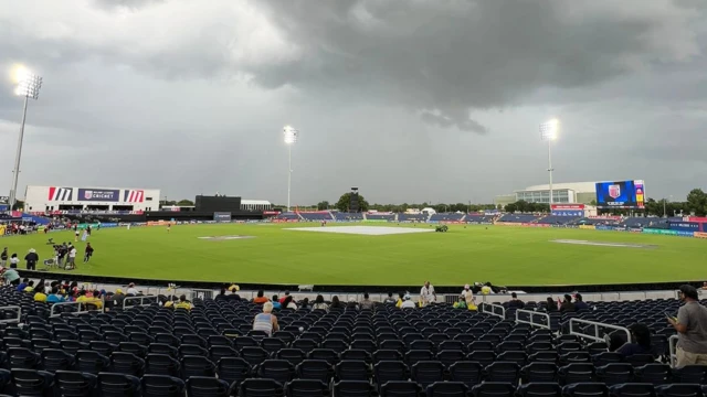 Grand Prairie Stadium in Dallas with covers on under heavy cloud