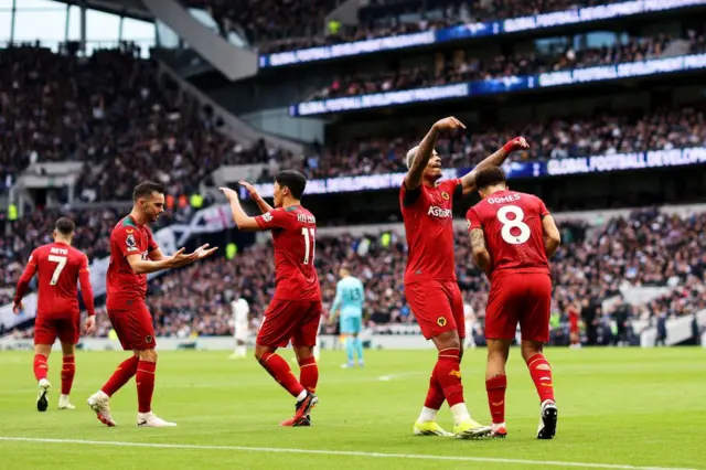 Wolves players celebrating a goal